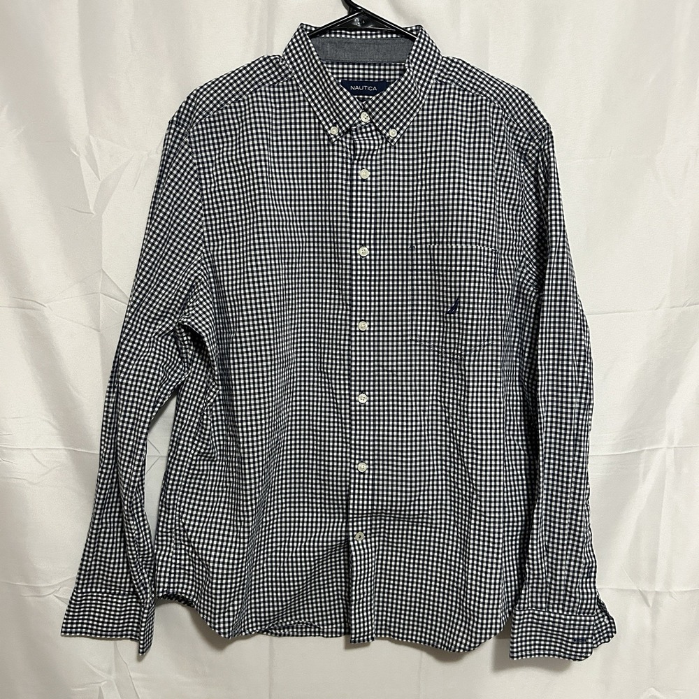 Nautica Classic Fit Stretch Button Down‎ Shirt XL Blue White Check Mens